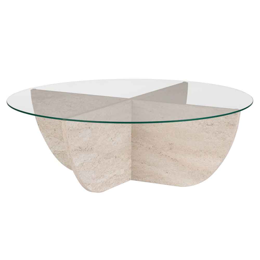 Liorza Round Clear Glass Coffee Table with Travertine Marble Effect Wooden Base