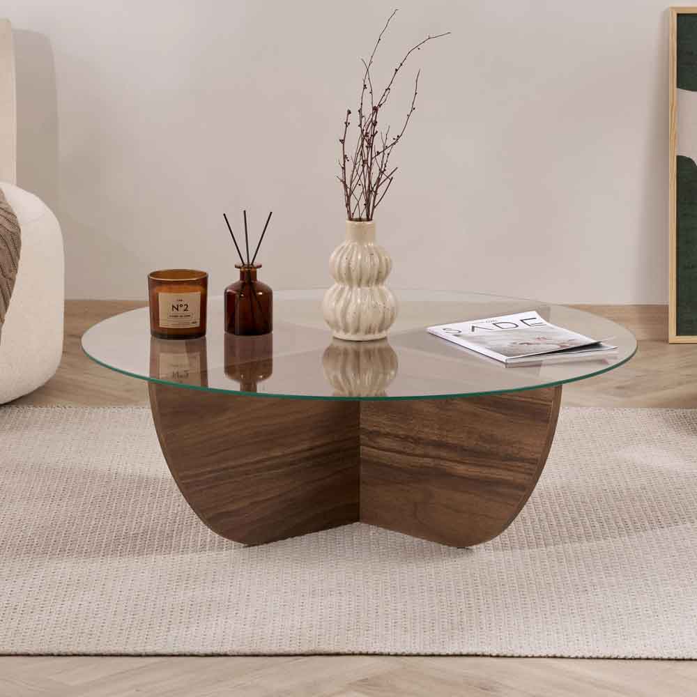 Liorza Round Clear Glass Coffee Table with Walnut Wooden Base