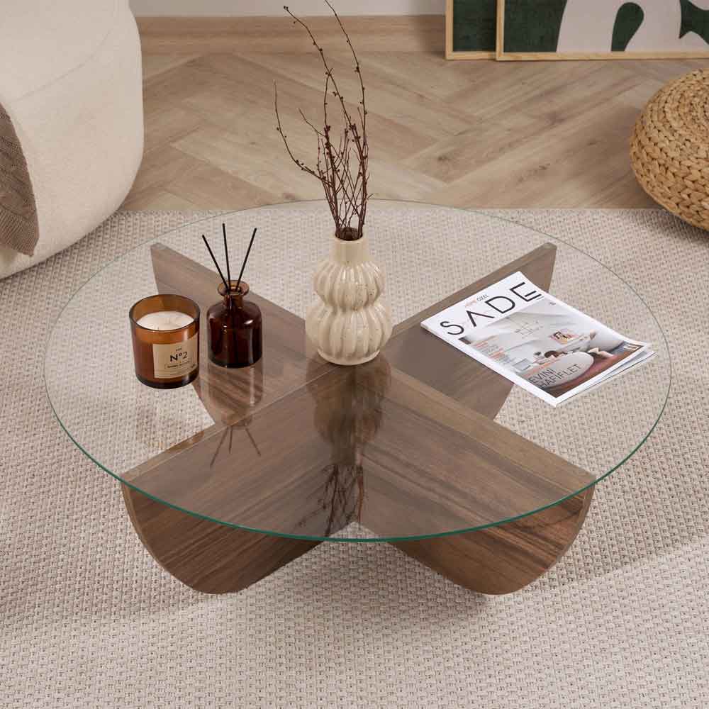 Liorza Round Clear Glass Coffee Table with Walnut Wooden Base