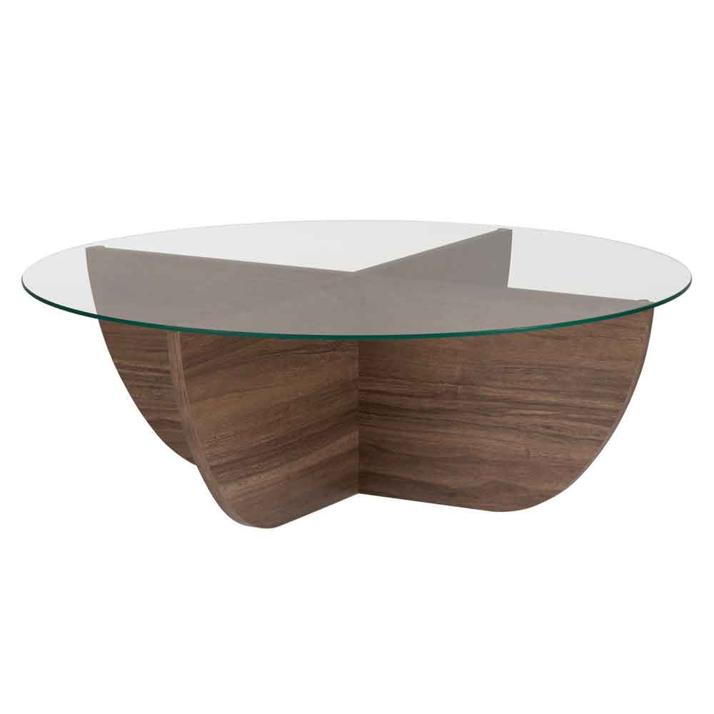 Liorza Round Clear Glass Coffee Table with Walnut Wooden Base