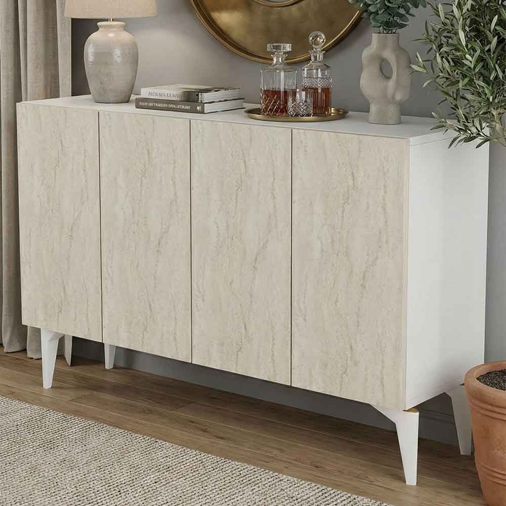 Lipa Wooden Sideboard with 4 Doors in White and Travertine Marble Effect