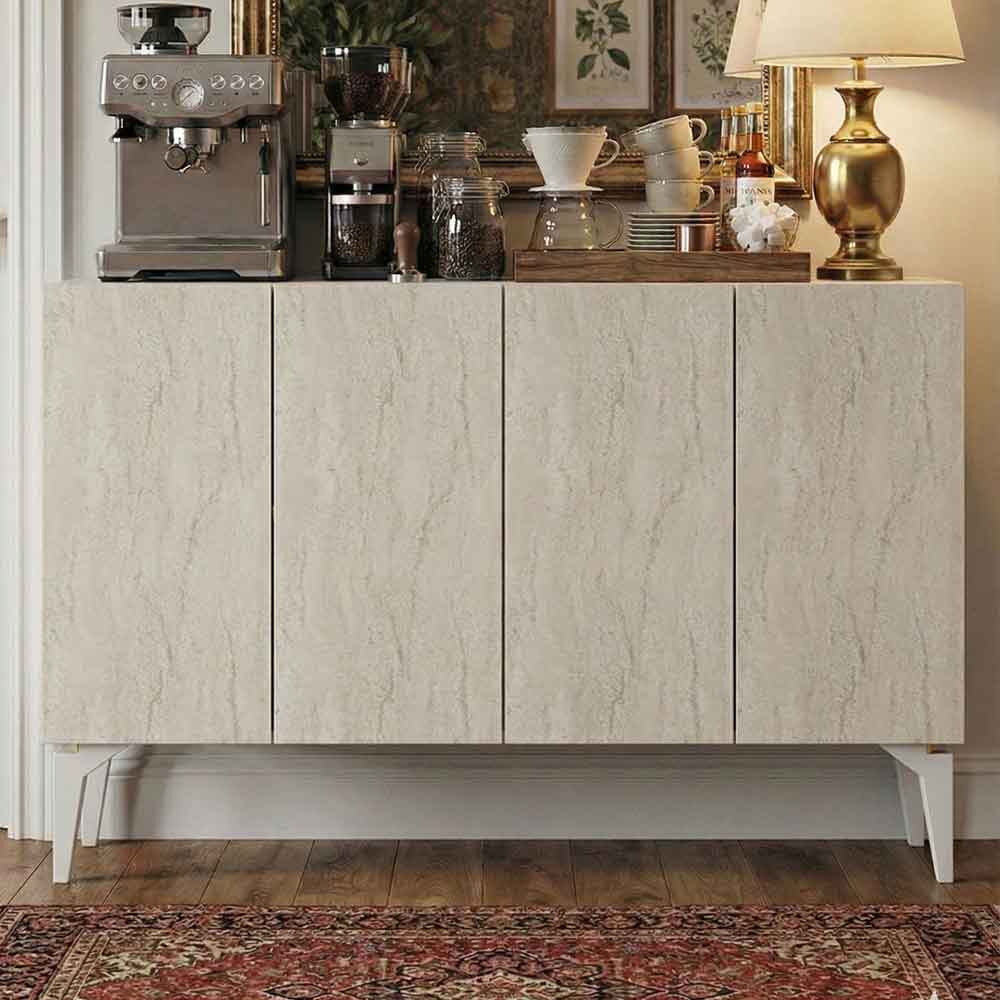 Lipa Wooden Sideboard with 4 Doors in White and Travertine Marble Effect