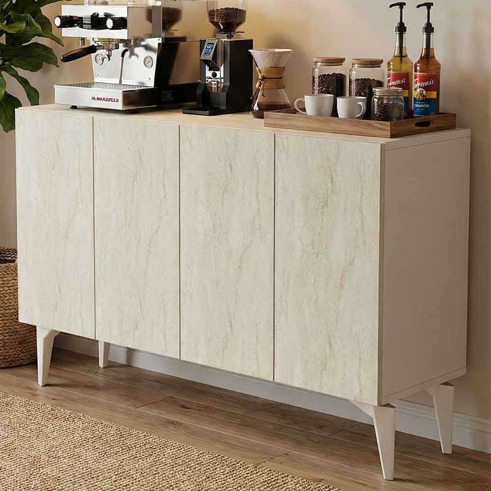 Lipa Wooden Sideboard with 4 Doors in White and Travertine Marble Effect