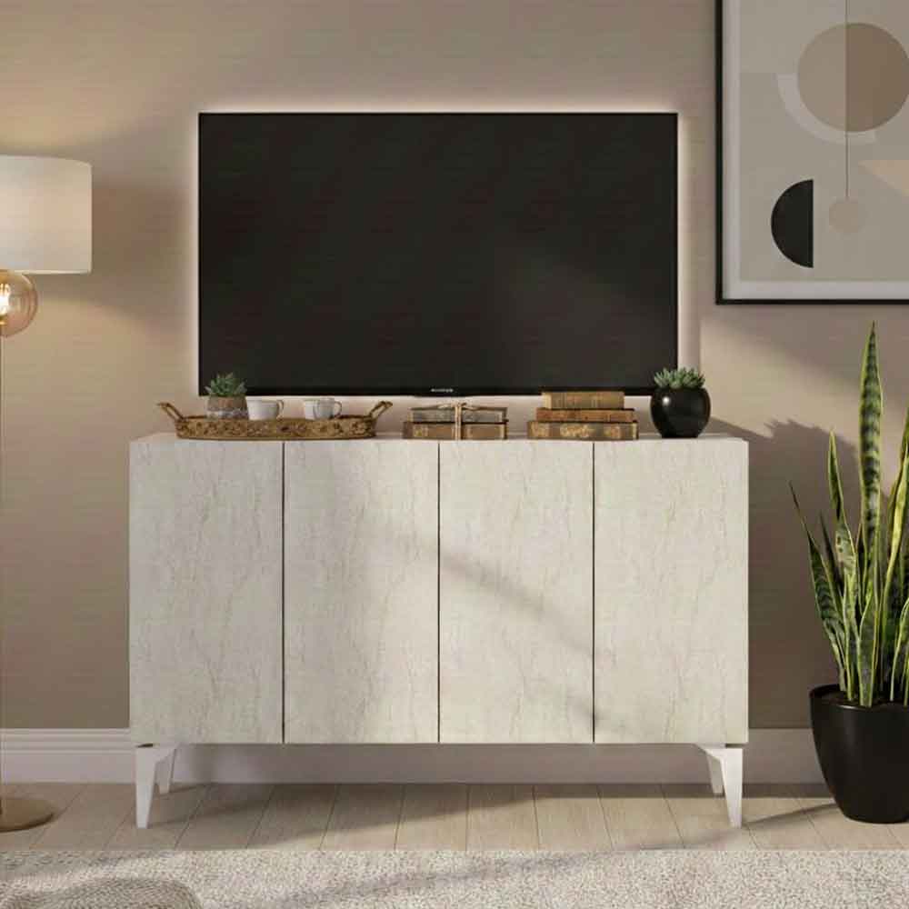 Lipa Wooden Sideboard with 4 Doors in White and Travertine Marble Effect