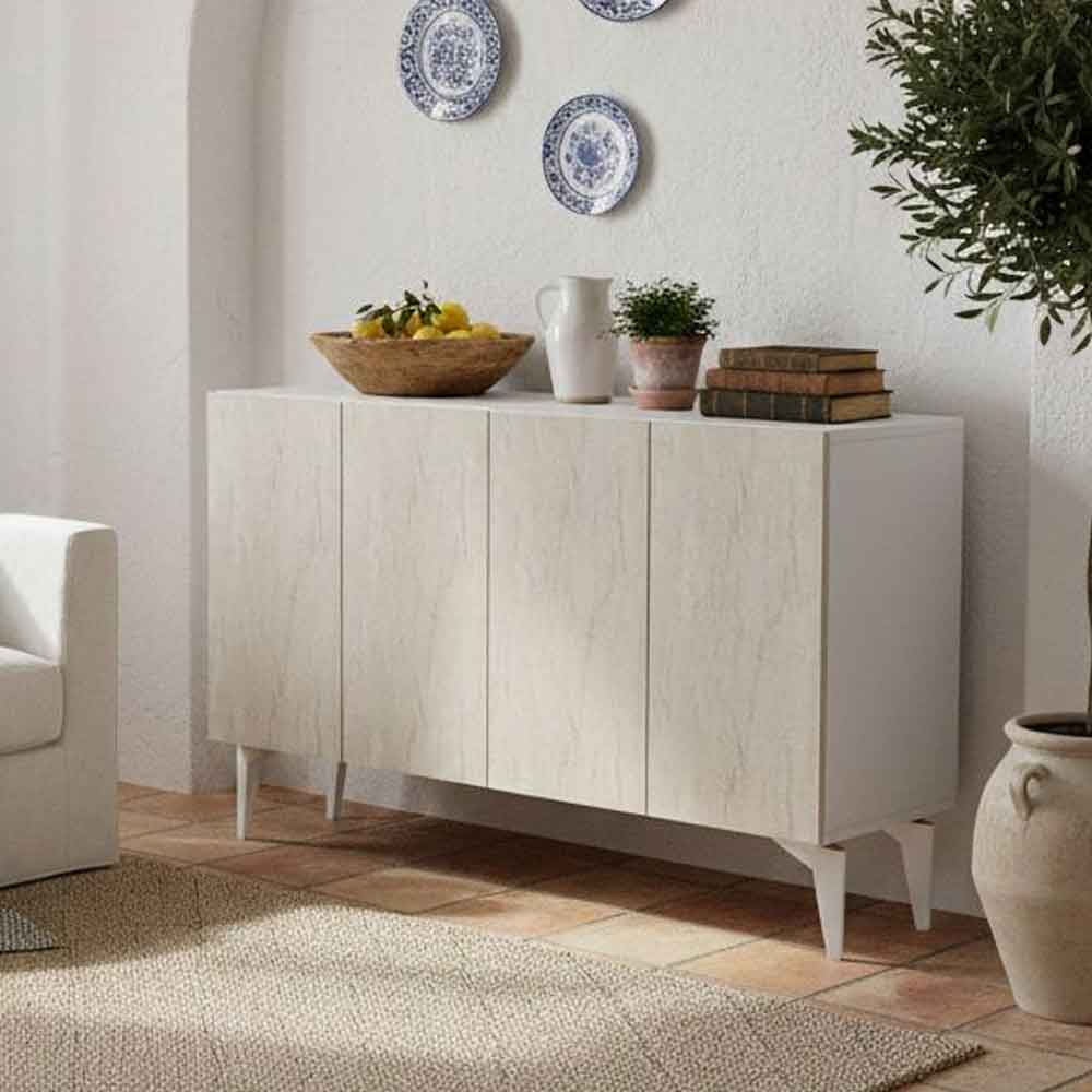 Lipa Wooden Sideboard with 4 Doors in White and Travertine Marble Effect