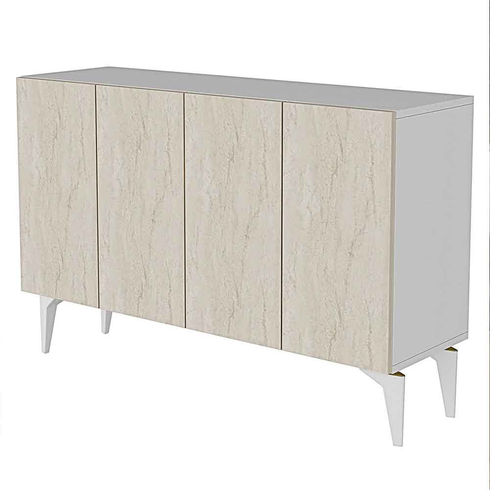 Lipa Wooden Sideboard with 4 Doors in White and Travertine Marble Effect