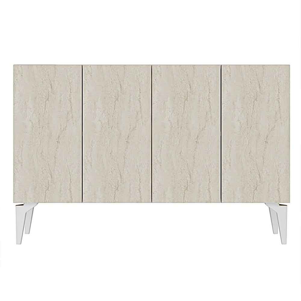 Lipa Wooden Sideboard with 4 Doors in White and Travertine Marble Effect