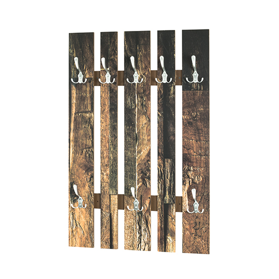 Lisboa Wooden Wall Hung 8 Hooks Coat Rack In Parquet Print