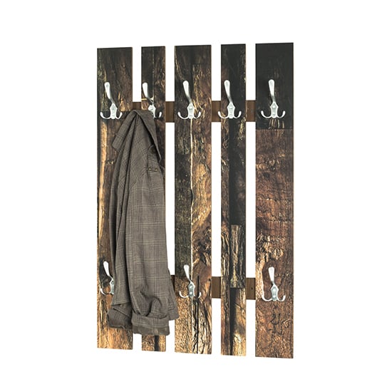 Product photograph of Lisboa Wooden Wall Hung 8 Hooks Coat Rack In Parquet Print from Furniture in Fashion