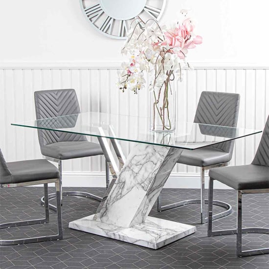 Product photograph of Lisle Glass Dining Table With White Marble Effect Wooden Frame from Furniture in Fashion
