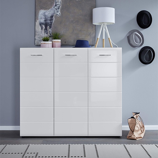 Photo of Aquila large wooden shoe storage cabinet in white high gloss