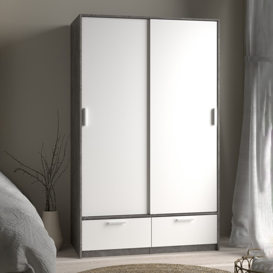Read more about Liston wooden wardrobe with 2 doors 2 drawers in white concrete