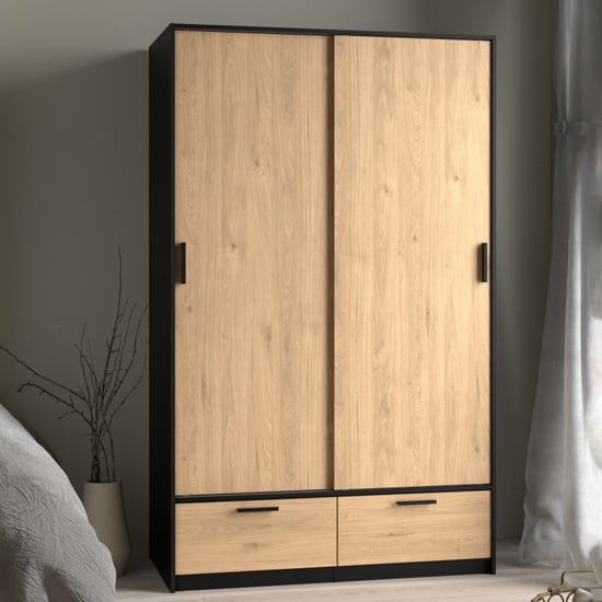 Product photograph of Liston Wooden Wardrobe 2 Doors 2 Drawers In Black And Oak from Furniture in Fashion