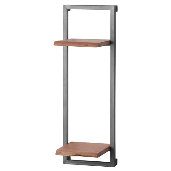 Photo of Livan tall wooden twin shelf in brown with gun metal frame