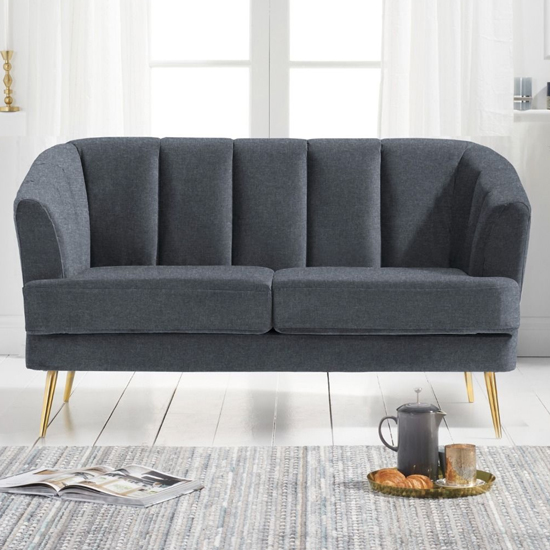 Livermore Linen Fabric 2 Seater Sofa In Grey With Gold Legs_2