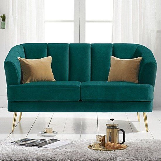 Livermore Velvet 2 Seater Sofa In Green With Gold Legs