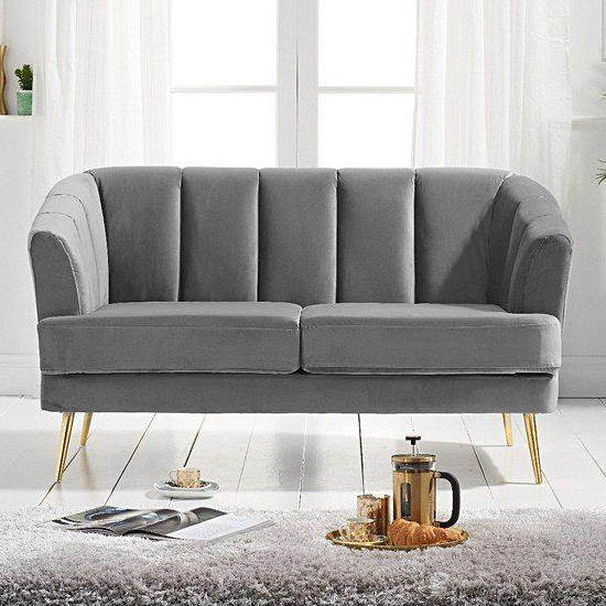 Livermore Velvet 2 Seater Sofa In Grey With Gold Legs_2