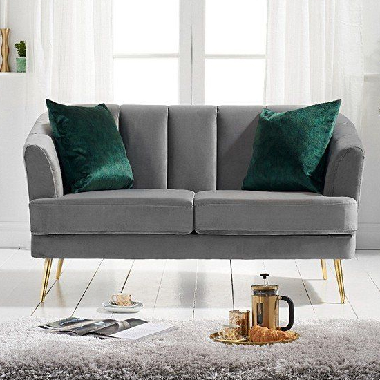 Livermore Velvet 2 Seater Sofa In Grey With Gold Legs