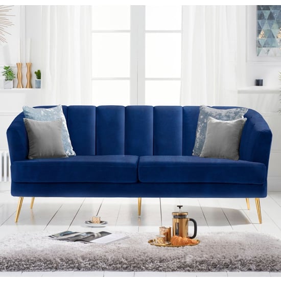 Livermore Velvet 3 Seater Sofa In Blue With Gold Legs | FiF