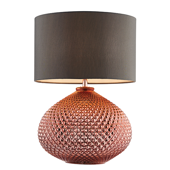 Photo of Livia grey fabric table lamp in copper glass