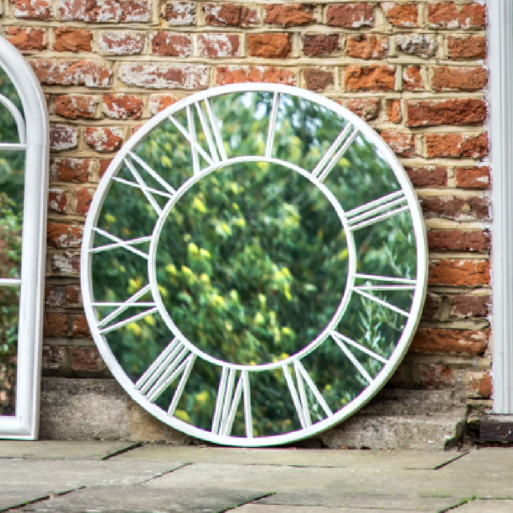 Livia Outdoor Round Mirror In Distressed White Frame