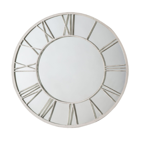 Read more about Livia round wall mirror in distressed white frame