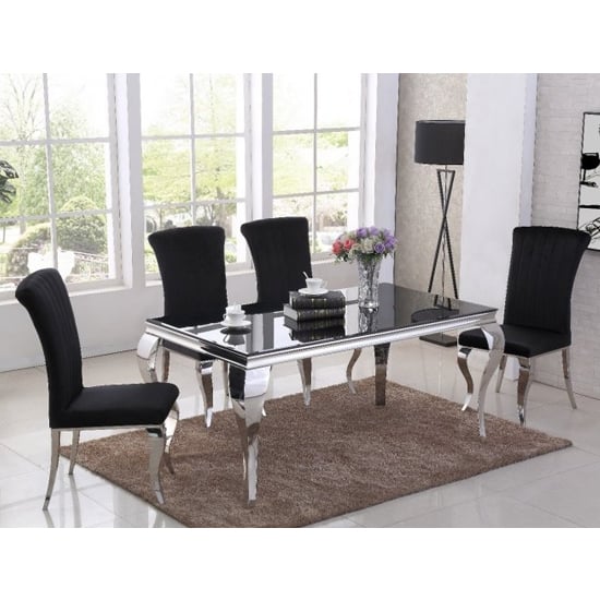 Liyam Black Glass Top Dining Table With 4 Black Chairs_1