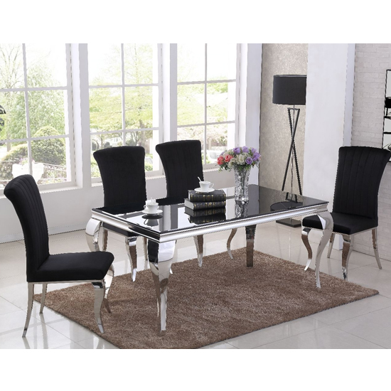 Liyam Glass Top Marble Dining Table In Black With Chrome Legs