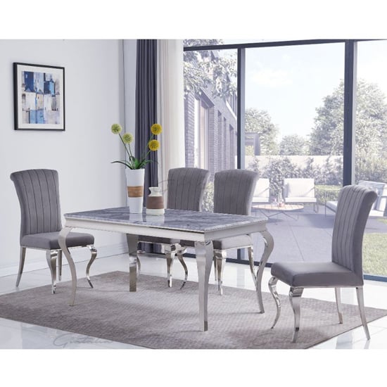 Photo of Liyam large white marble dining table with 6 grey chairs