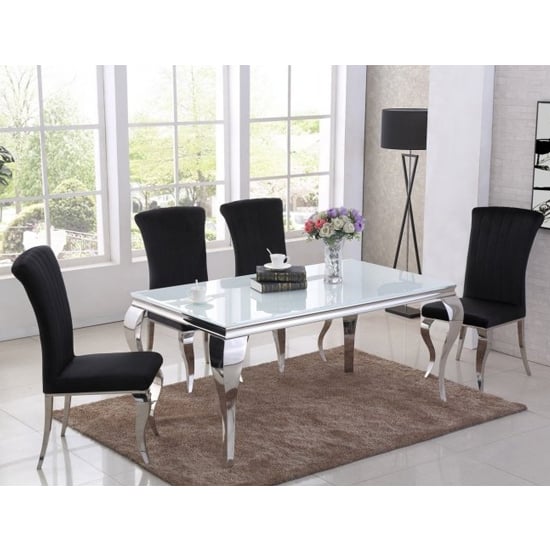 Liyam White Glass Top Dining Table With 4 Black Chairs_1