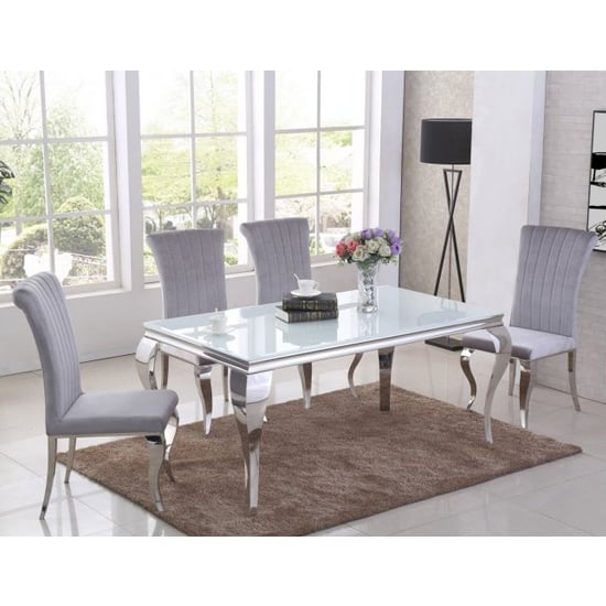 Liyam White Glass Top Dining Table With 4 Grey Chairs