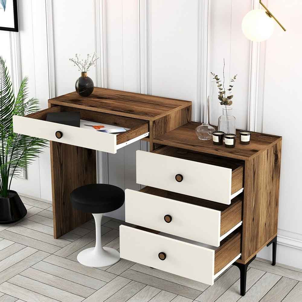 Lizbon Wooden Dressing Table with 4 Drawers in Walnut and Cream