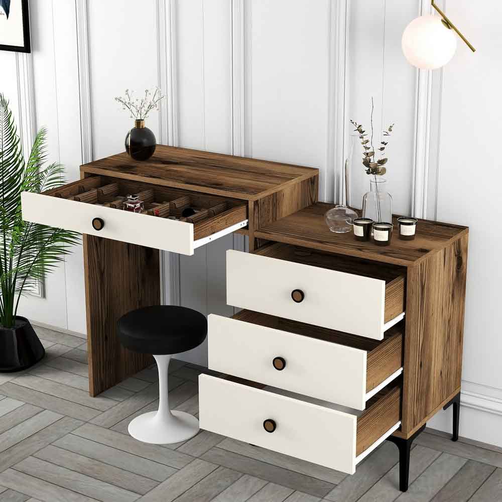 Lizbon Wooden Dressing Table with 4 Drawers in Walnut and Cream
