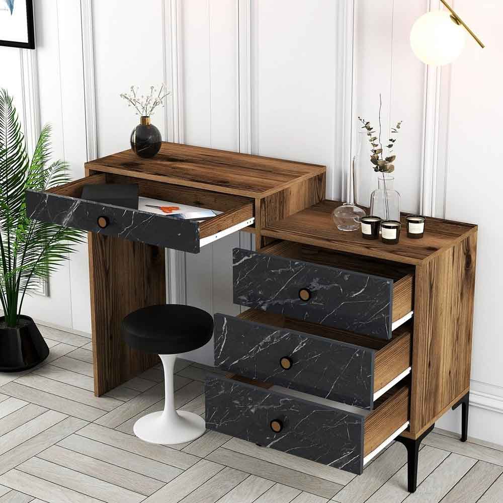 Lizbon Wooden Dressing Table with 4 Drawers in Walnut and Black