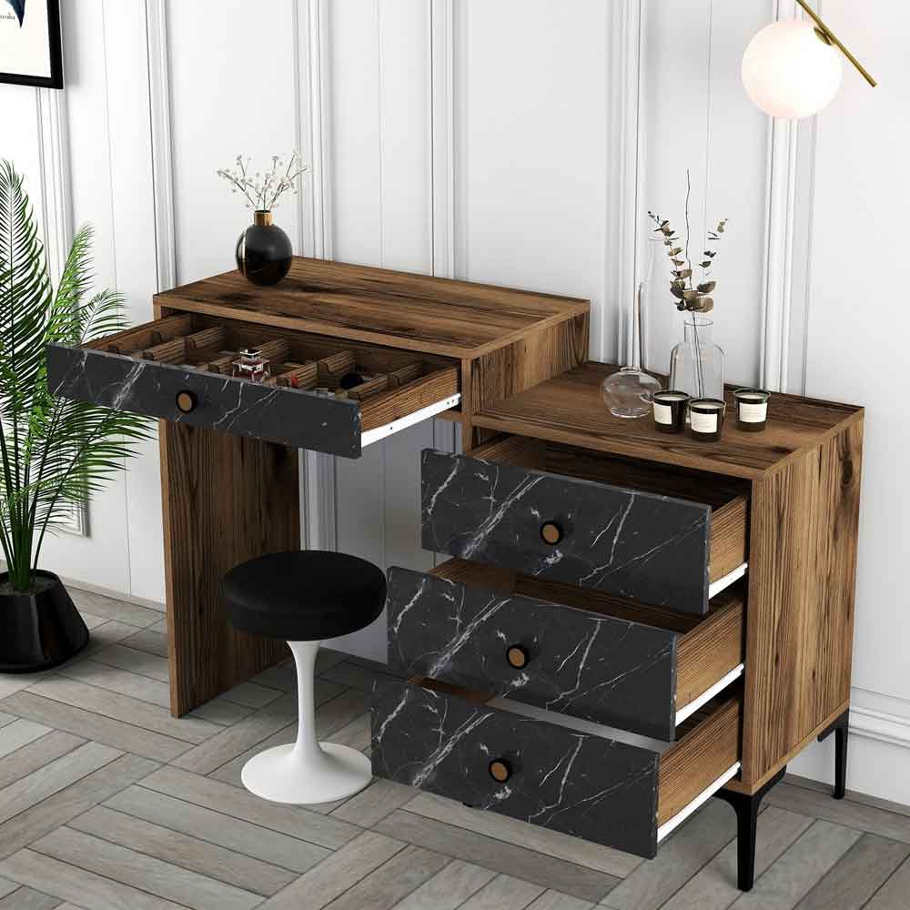Lizbon Wooden Dressing Table with 4 Drawers in Walnut and Black