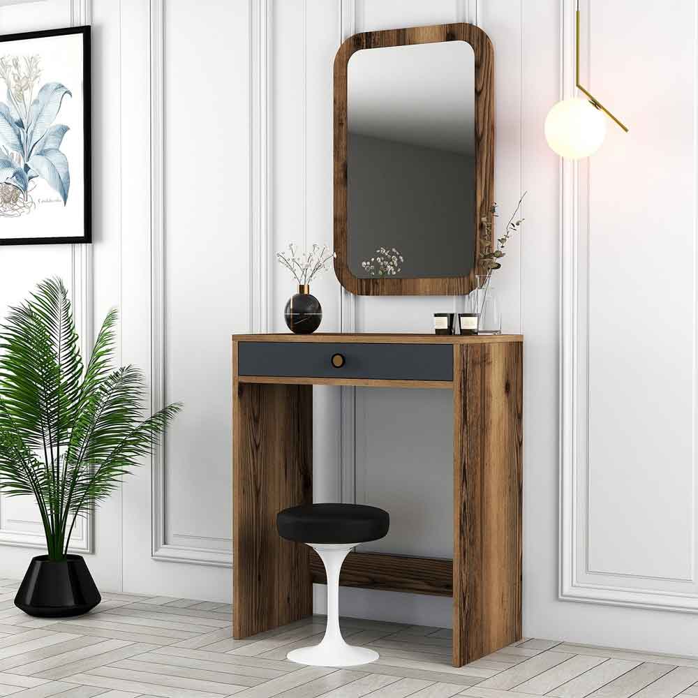Lizbon Wooden Dressing Table with Mirror in Walnut and Anthracite