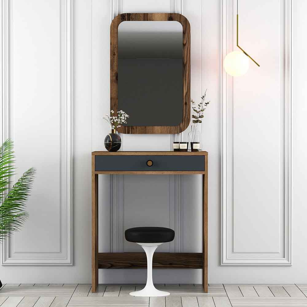 Lizbon Wooden Dressing Table with Mirror in Walnut and Anthracite