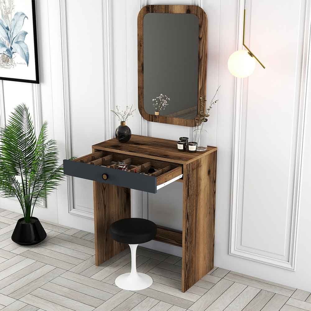 Lizbon Wooden Dressing Table with Mirror in Walnut and Anthracite