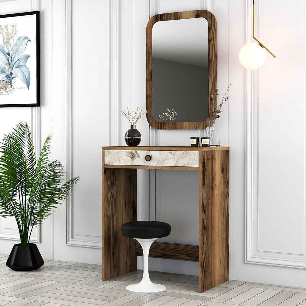 Lizbon Wooden Dressing Table with Mirror in Walnut and White Marble