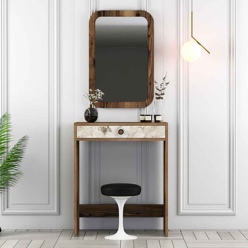 Lizbon Wooden Dressing Table with Mirror in Walnut and White Marble