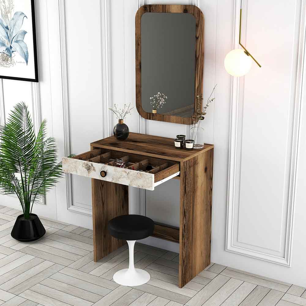 Lizbon Wooden Dressing Table with Mirror in Walnut and White Marble