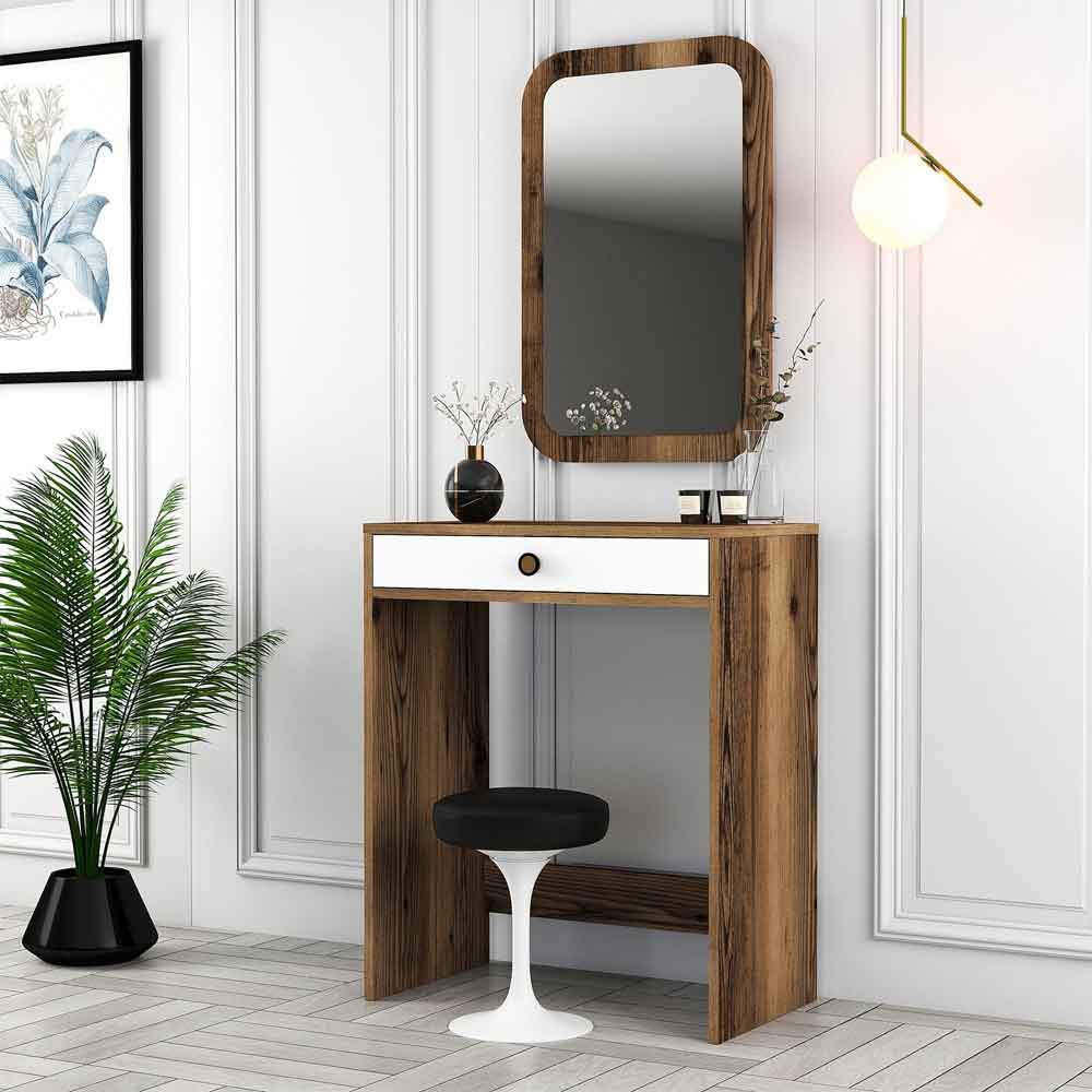 Lizbon Wooden Dressing Table with Mirror in Walnut and White