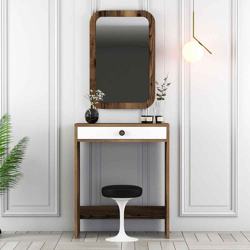 Lizbon Wooden Dressing Table with Mirror in Walnut and White