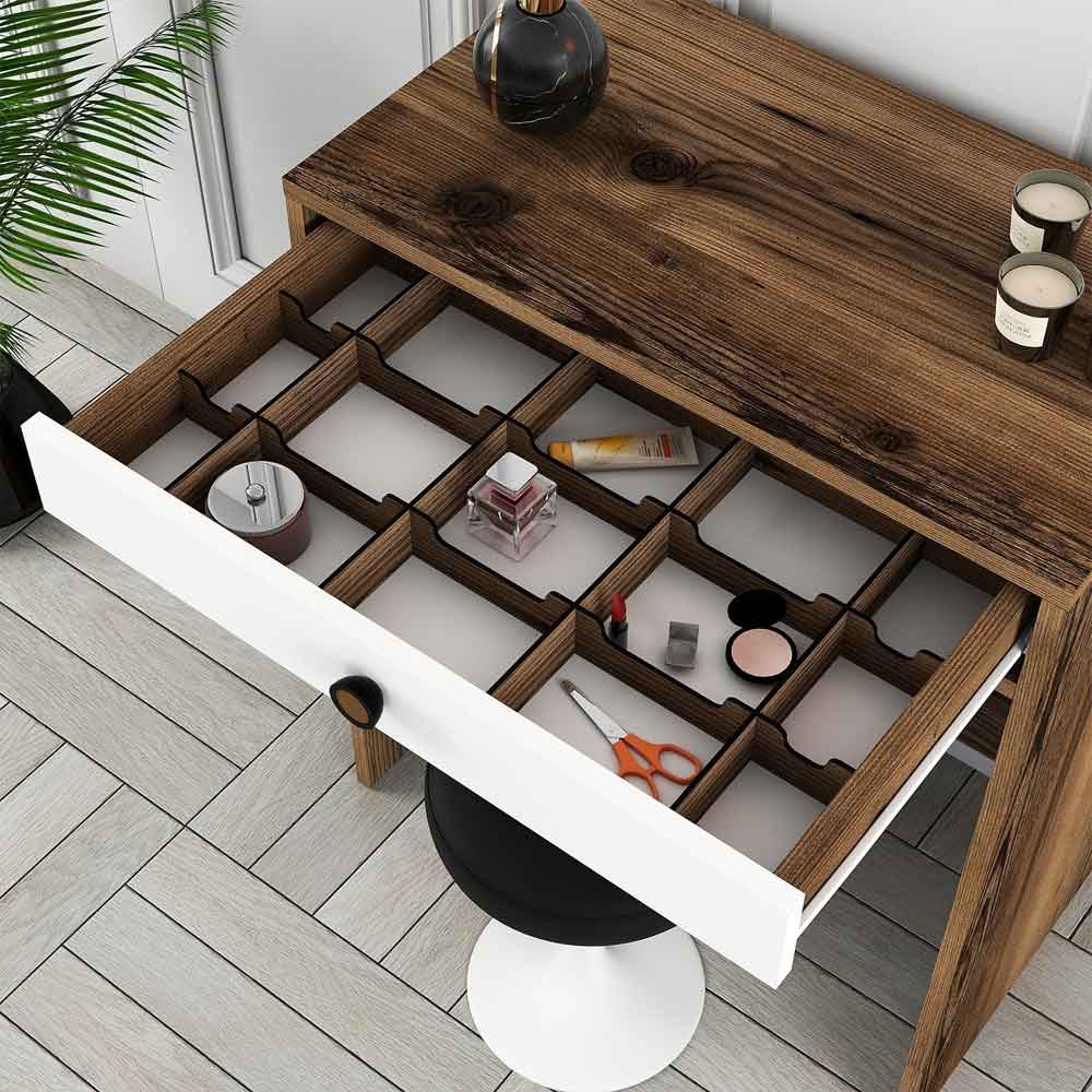 Lizbon Wooden Dressing Table with Mirror in Walnut and White