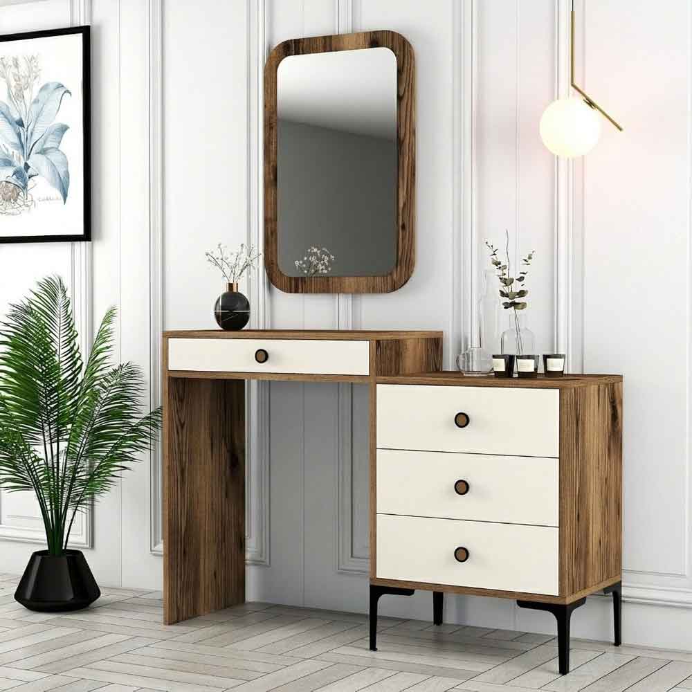 Lizbon Wooden Dressing Table Set with Mirror in Walnut and Cream