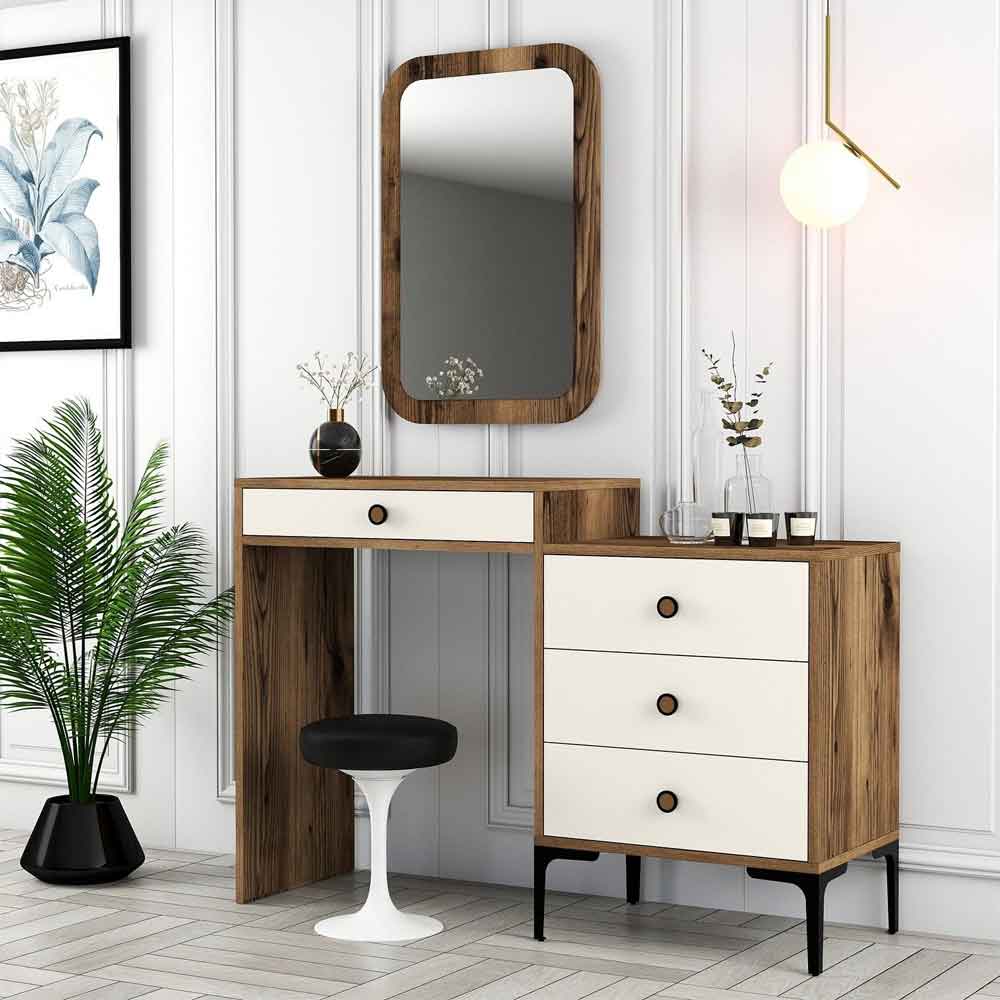 Lizbon Wooden Dressing Table Set with Mirror in Walnut and Cream