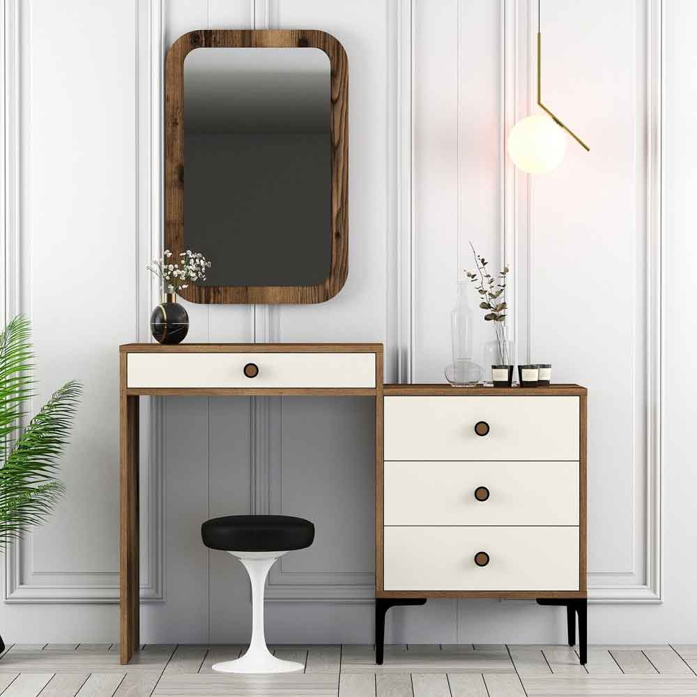 Lizbon Wooden Dressing Table Set with Mirror in Walnut and Cream