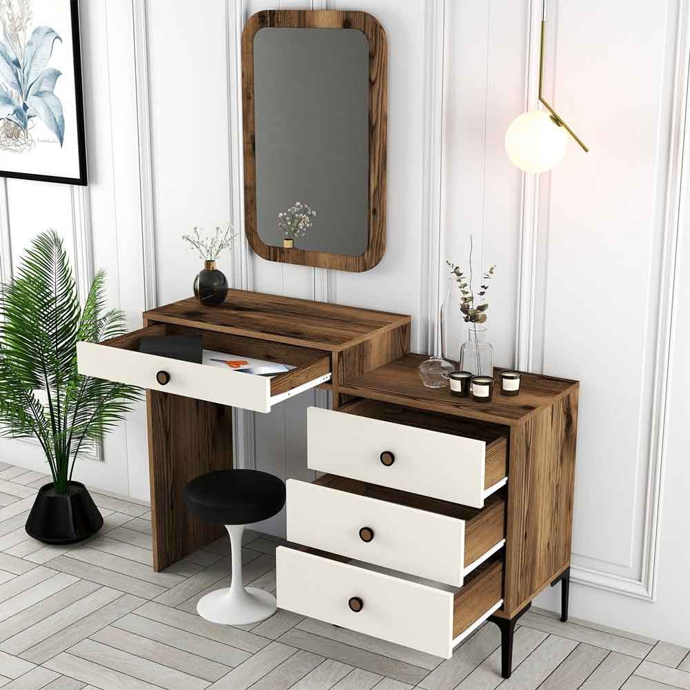 Lizbon Wooden Dressing Table Set with Mirror in Walnut and Cream