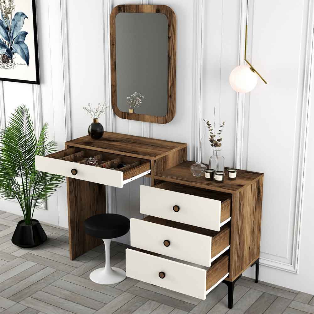 Lizbon Wooden Dressing Table Set with Mirror in Walnut and Cream
