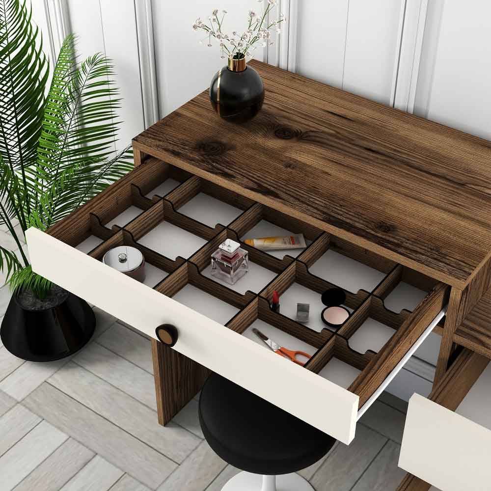 Lizbon Wooden Dressing Table Set with Mirror in Walnut and Cream